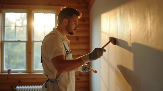 Un peintre professionnel appliquant une couche de peinture parfaitement lisse sur un mur intérieur dans une maison québécoise, entouré d'outils de peinture de qualité.