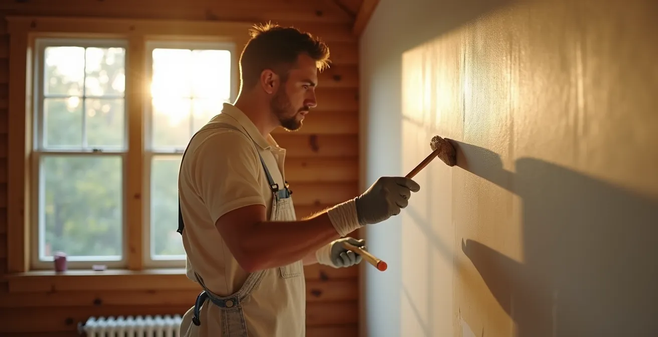 Un peintre professionnel appliquant une couche de peinture parfaitement lisse sur un mur intérieur dans une maison québécoise, entouré d'outils de peinture de qualité.