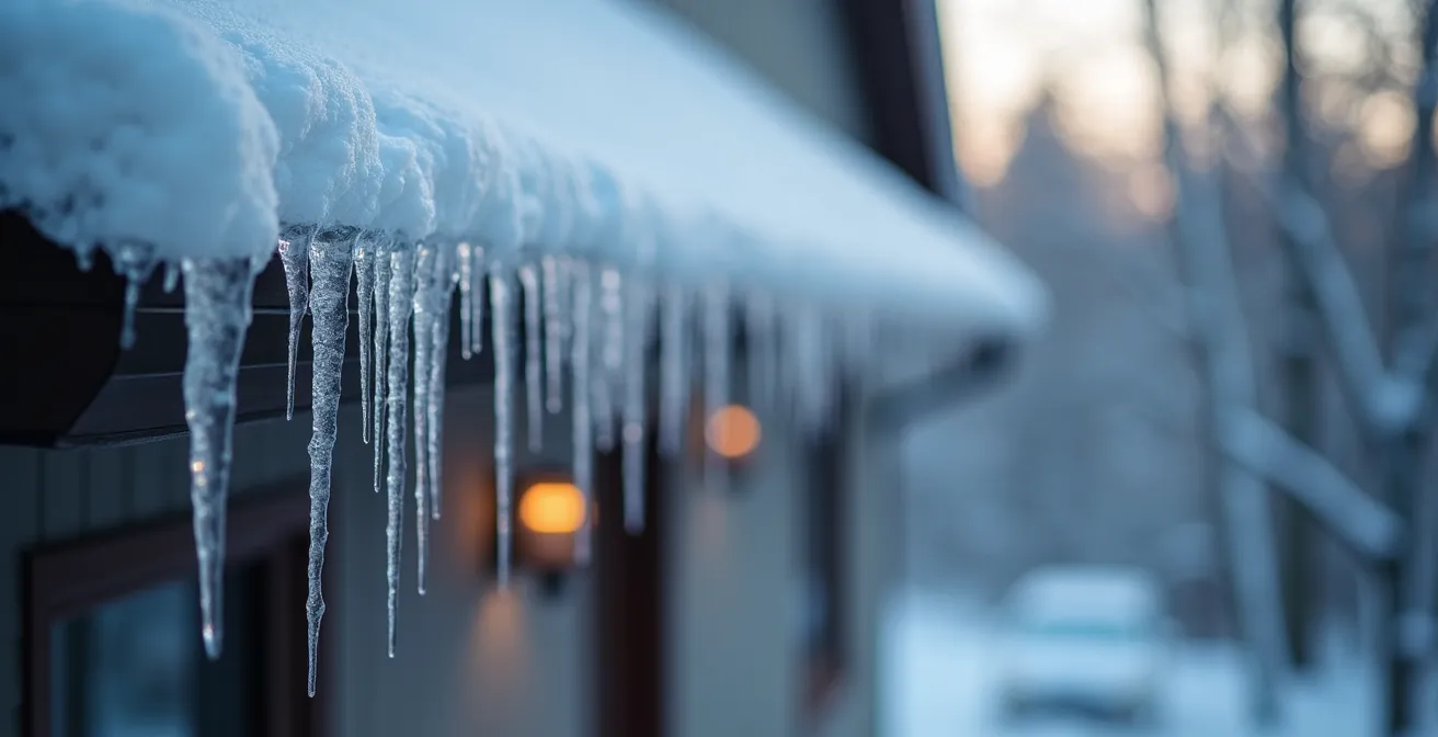 Toiture résidentielle montrant l'accumulation de glace et neige sur les gouttières et les solutions préventives appliquées