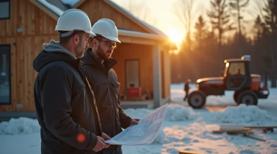 Maison neuve en construction au Québec avec un entrepreneur général et architecte discutant plans sur le chantier