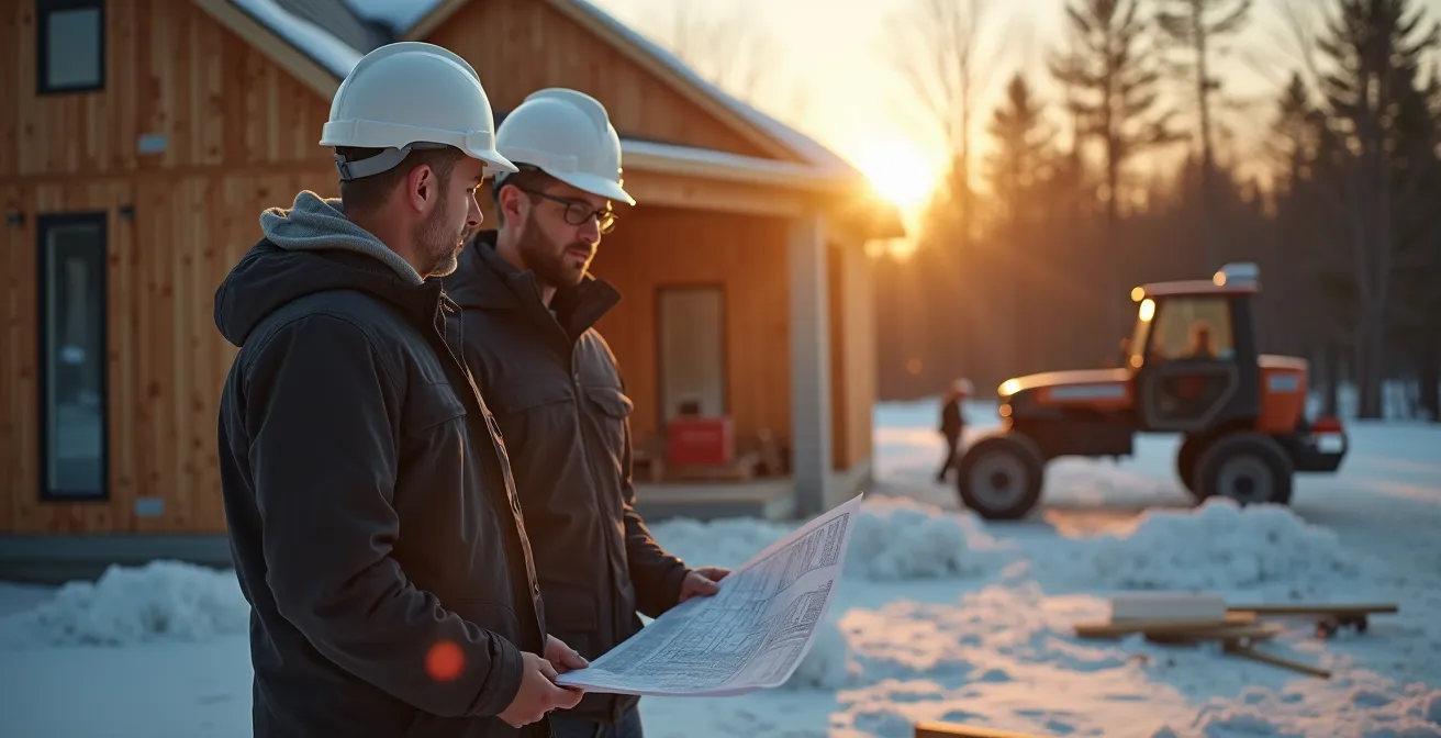Maison neuve en construction au Québec avec un entrepreneur général et architecte discutant plans sur le chantier