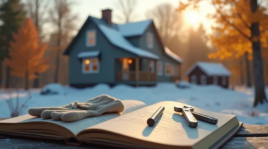 Maison québécoise en milieu naturel avec hiver visible, outils d'entretien et carnet de suivi