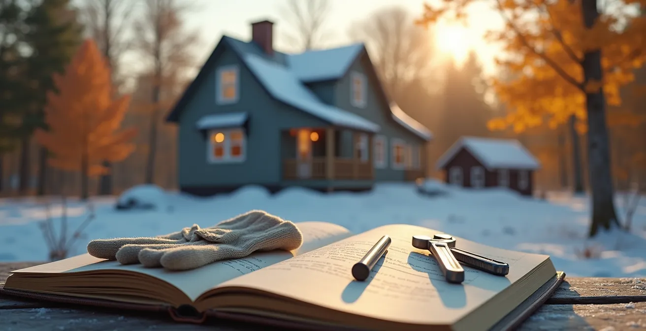 Maison québécoise en milieu naturel avec hiver visible, outils d'entretien et carnet de suivi