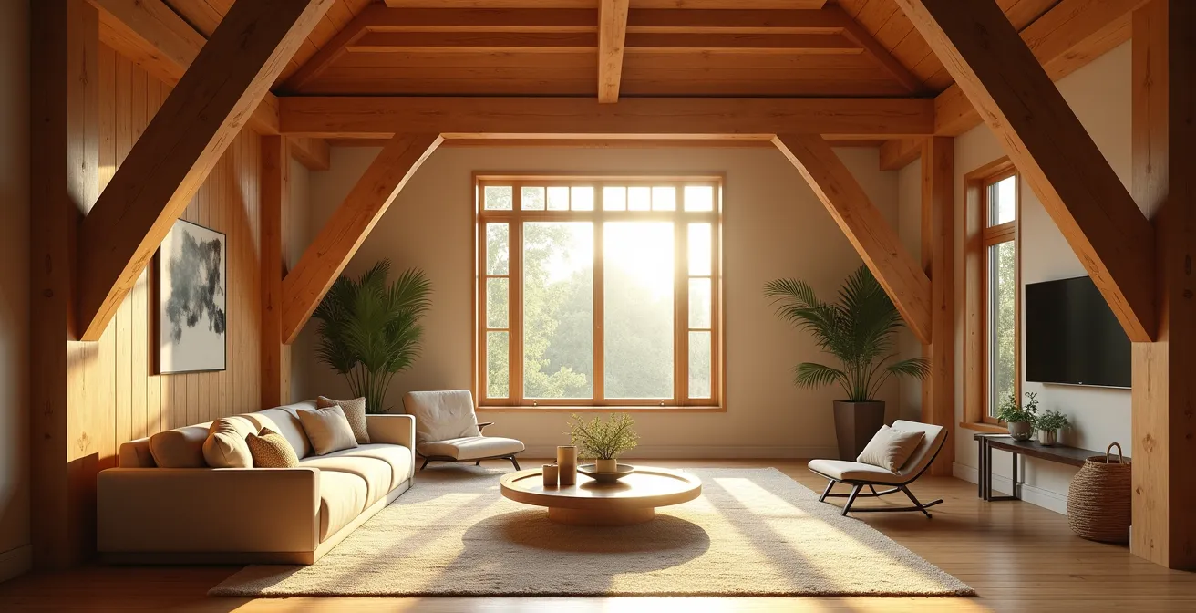 Intérieur d'une pièce avec une charpente en bois massif apparente, mettant en valeur l'esthétique naturelle et chaleureuse du bois québécois.