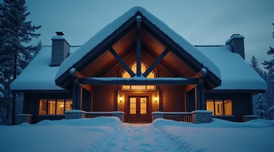 Vue en coupe d'une charpente en bois robuste supportant une toiture sous une épaisse couche de neige, symbolisant la protection de l'investissement immobilier.