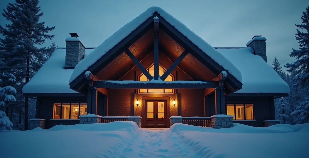 Vue en coupe d'une charpente en bois robuste supportant une toiture sous une épaisse couche de neige, symbolisant la protection de l'investissement immobilier.