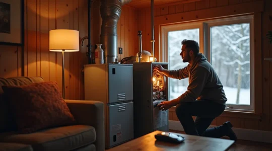 Une maison québécoise en hiver avec un technicien effectuant l'entretien d'une fournaise, symbole de confort et d'économie d'énergie