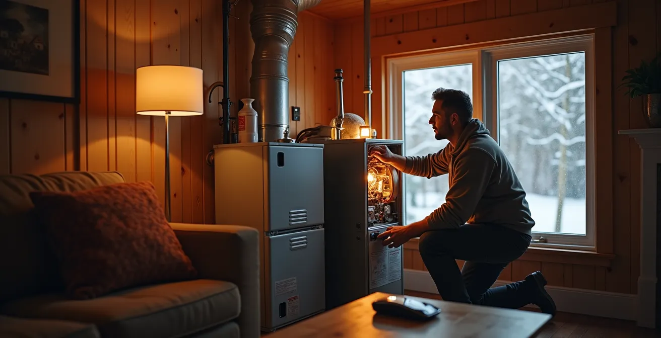 Une maison québécoise en hiver avec un technicien effectuant l'entretien d'une fournaise, symbole de confort et d'économie d'énergie