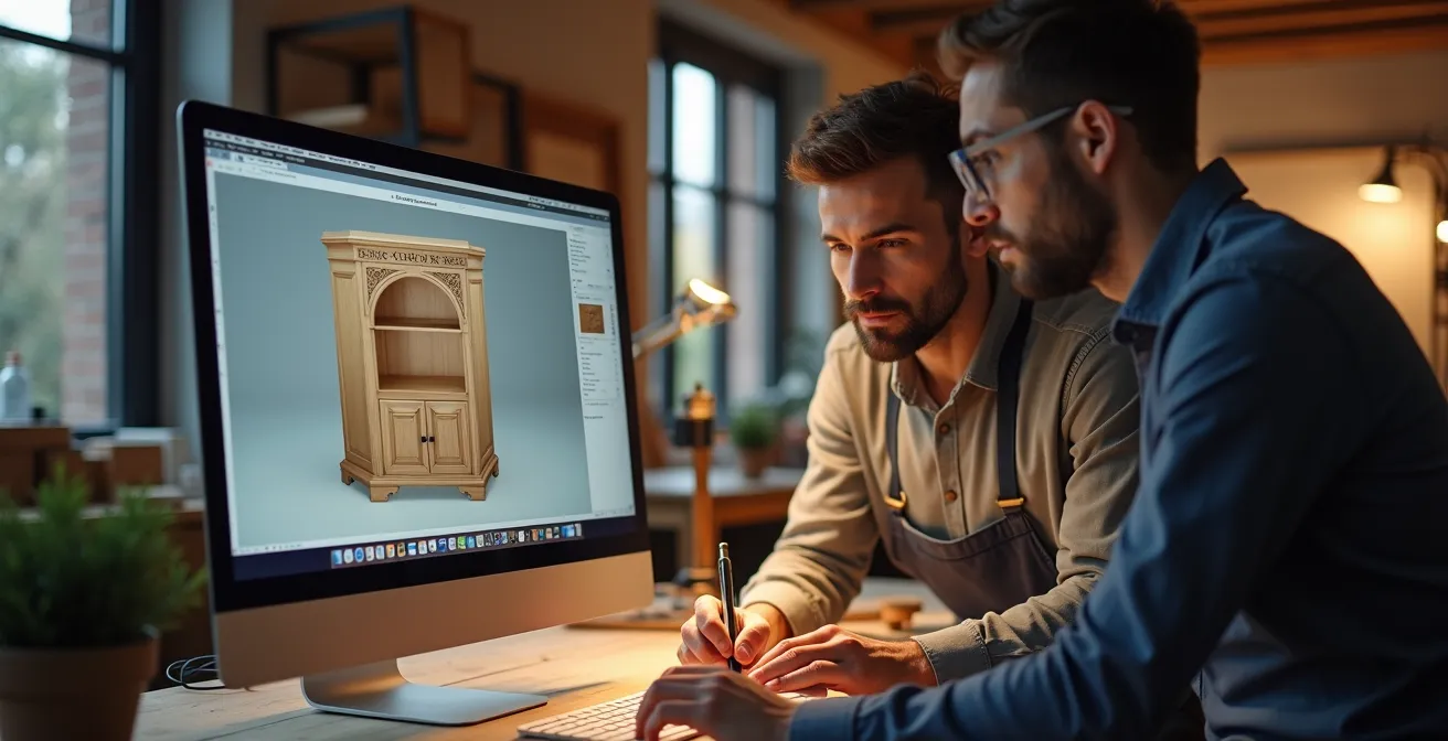 Modélisation 3D détaillée d’un meuble intégré avec collaboration entre designer et menuisier