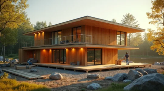Vue panoramique d'une maison écologique moderne en bois local avec matériaux durables au Québec