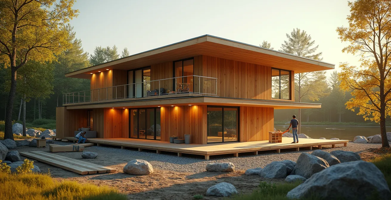 Vue panoramique d'une maison écologique moderne en bois local avec matériaux durables au Québec