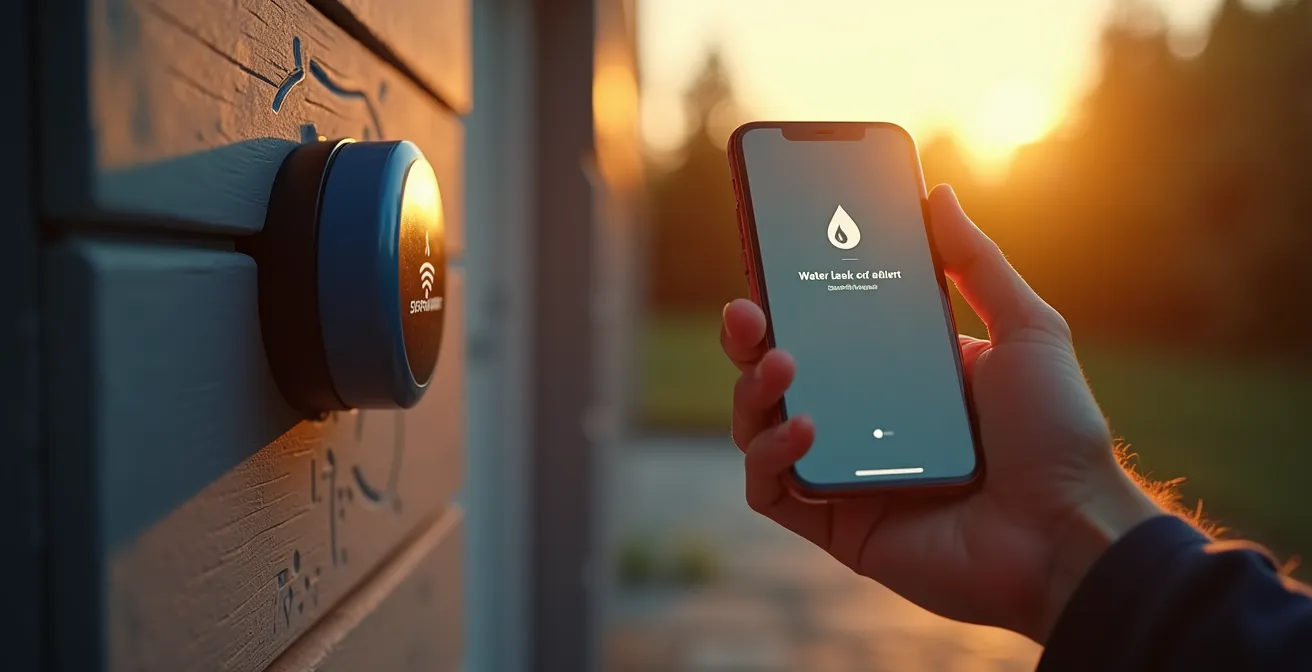 Maison moderne équipée d'un compteur d'eau connecté avec notifications sur smartphone