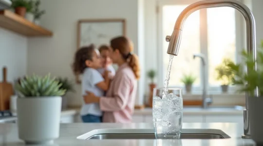 Vue symbolique d'une maison familiale avec des tuyaux d'eau sains et une famille buvant de l'eau claire, représentant la sécurité et la qualité de l'eau domestique au Québec.