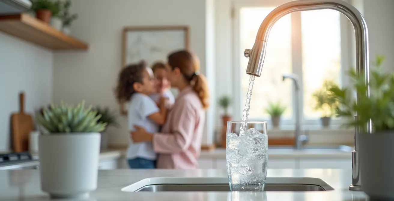 Vue symbolique d'une maison familiale avec des tuyaux d'eau sains et une famille buvant de l'eau claire, représentant la sécurité et la qualité de l'eau domestique au Québec.