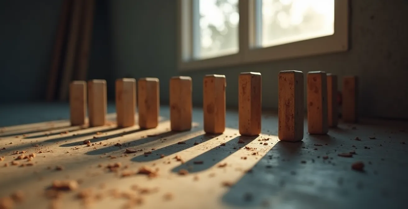 Illustration symbolique montrant des éléments de chantier en chaîne qui s'arrêtent à cause d'un retard de fenêtre