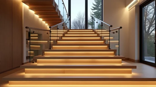 Escalier sur mesure élégant et moderne intégrant bois, métal et verre dans un intérieur québécois chaleureux