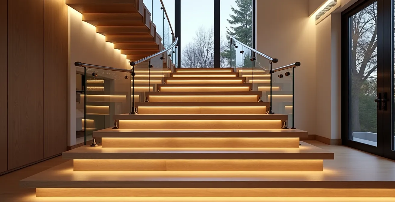 Escalier sur mesure élégant et moderne intégrant bois, métal et verre dans un intérieur québécois chaleureux