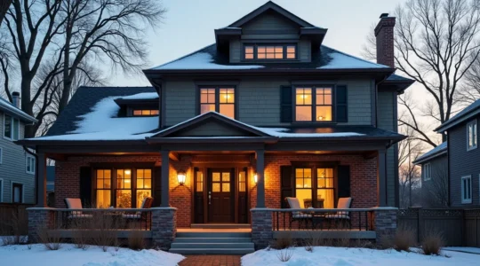 Façade d'une maison québécoise avec différents revêtements extérieurs, illustrant la protection contre les intempéries et l'identité esthétique