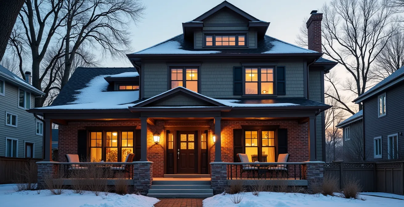Façade d'une maison québécoise avec différents revêtements extérieurs, illustrant la protection contre les intempéries et l'identité esthétique