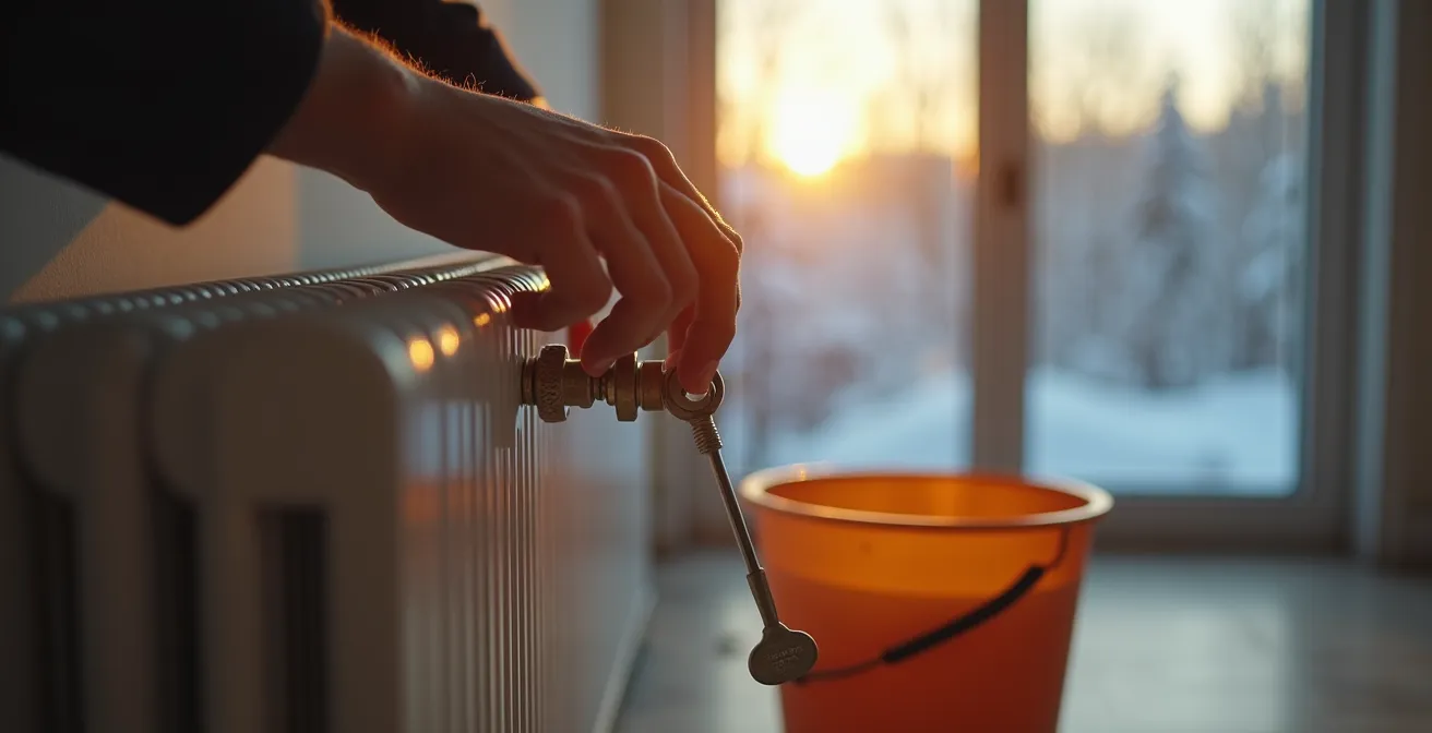 Technique de purge des radiateurs à eau chaude dans une maison québécoise typique en hiver