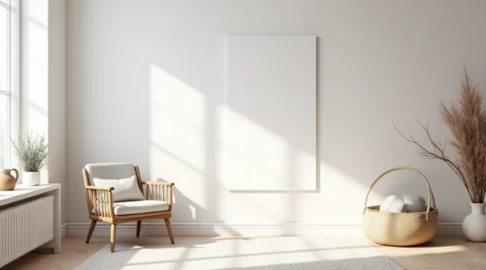 Intérieur moderne du Québec avec mur blanc vide et éléments de décoration évoquant les saisons et la culture locale