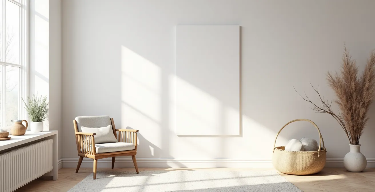 Intérieur moderne du Québec avec mur blanc vide et éléments de décoration évoquant les saisons et la culture locale