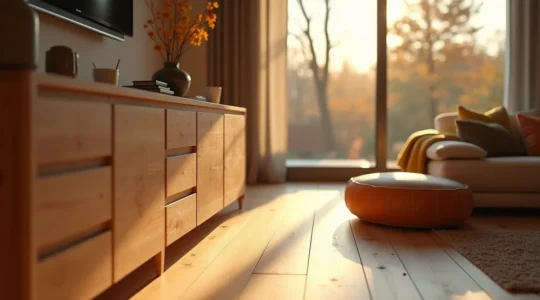Meuble en bois sur mesure intégrant différentes essences locales québécoises dans un intérieur moderne