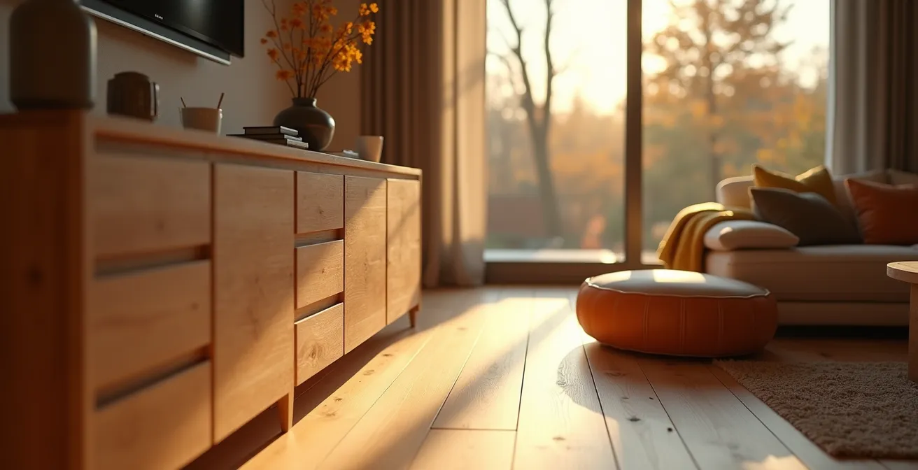 Meuble en bois sur mesure intégrant différentes essences locales québécoises dans un intérieur moderne