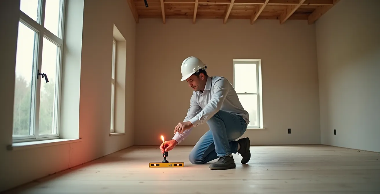 Photo réaliste d'un client vérifiant un chantier avec un niveau laser et un bâton d'encens