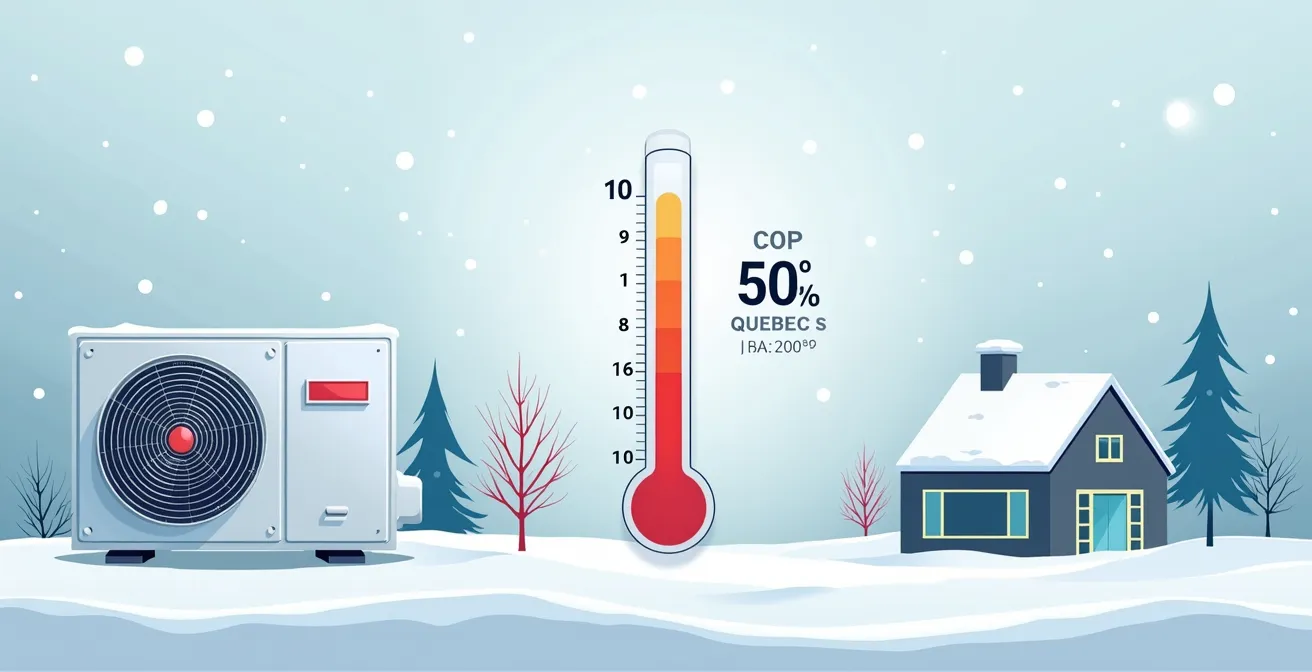 Schéma explicatif montrant le fonctionnement d’une thermopompe et son efficacité à différentes températures, avec un graphique de performance