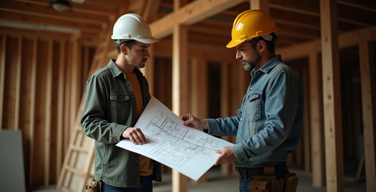 Architecte montrant un plan détaillé à un entrepreneur général sur le chantier d'une maison en construction au Québec