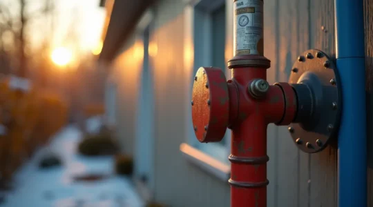 Illustration symbolique d'une maison québécoise bien protégée contre les dégâts d'eau avec des tuyaux visibles sécurisés et un compteur d'eau
