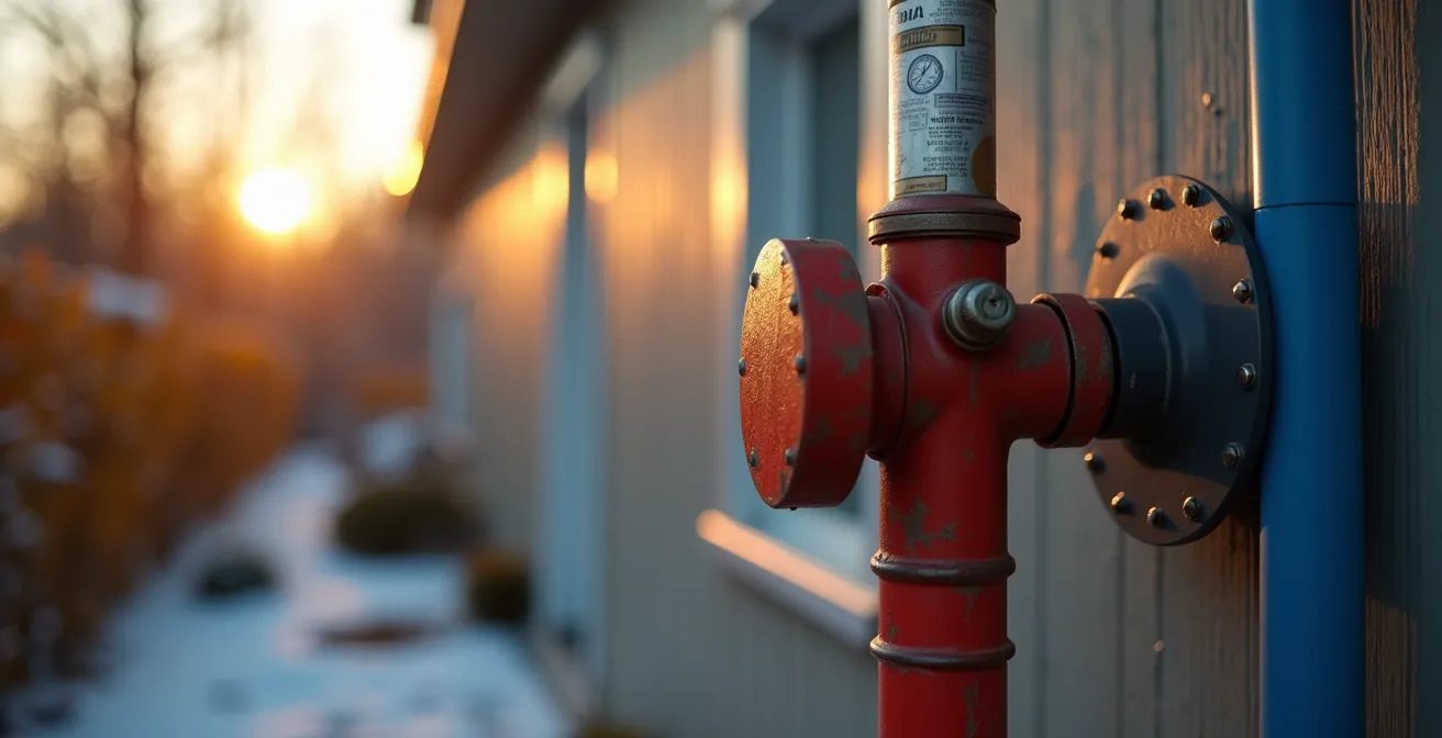 Illustration symbolique d'une maison québécoise bien protégée contre les dégâts d'eau avec des tuyaux visibles sécurisés et un compteur d'eau