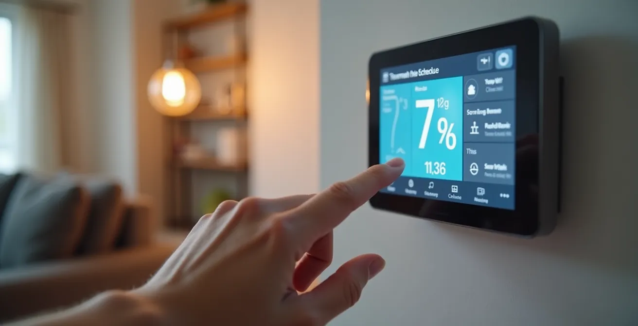 Main tenant un thermostat intelligent moderne avec écran tactile dans un salon québécois contemporain