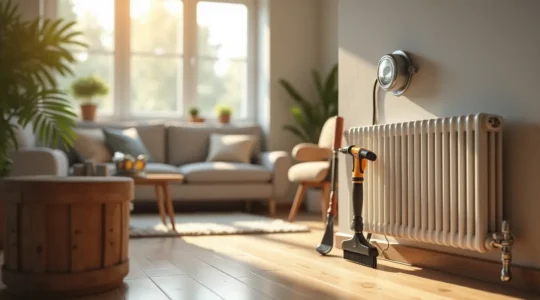 Maison québécoise moderne avec des éléments symbolisant le chauffage, l'électricité et les travaux d'isolation, mettant en avant la réduction de la facture énergétique