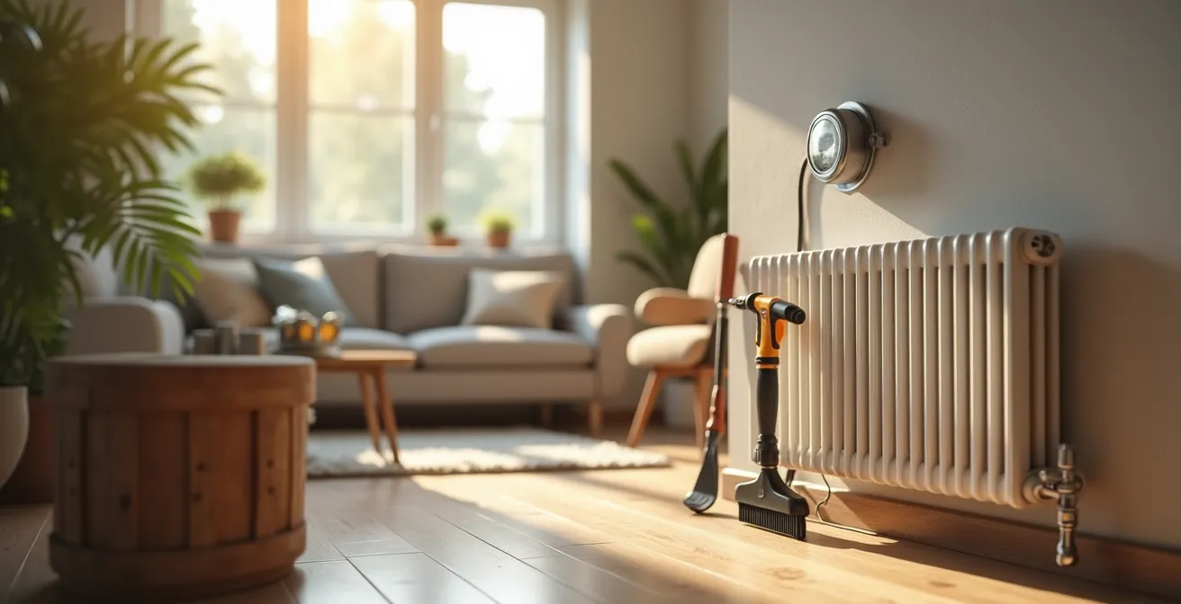 Maison québécoise moderne avec des éléments symbolisant le chauffage, l'électricité et les travaux d'isolation, mettant en avant la réduction de la facture énergétique