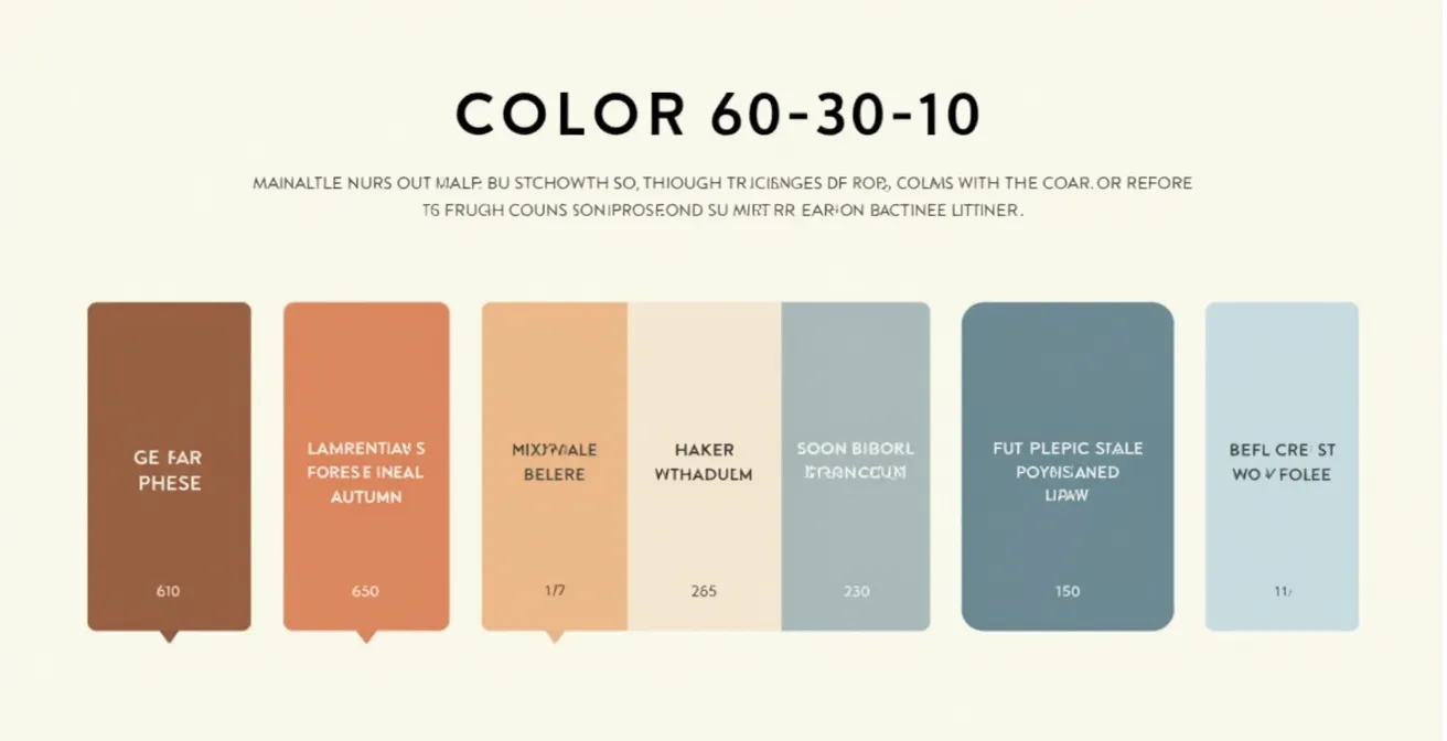 Diagramme visuel illustrant la règle 60-30-10 avec des palettes de couleurs inspirées des paysages québécois