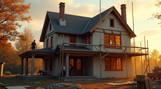 Vue d'une maison québécoise en pleine rénovation majeure avec échafaudage, ouvriers et outils de chantier