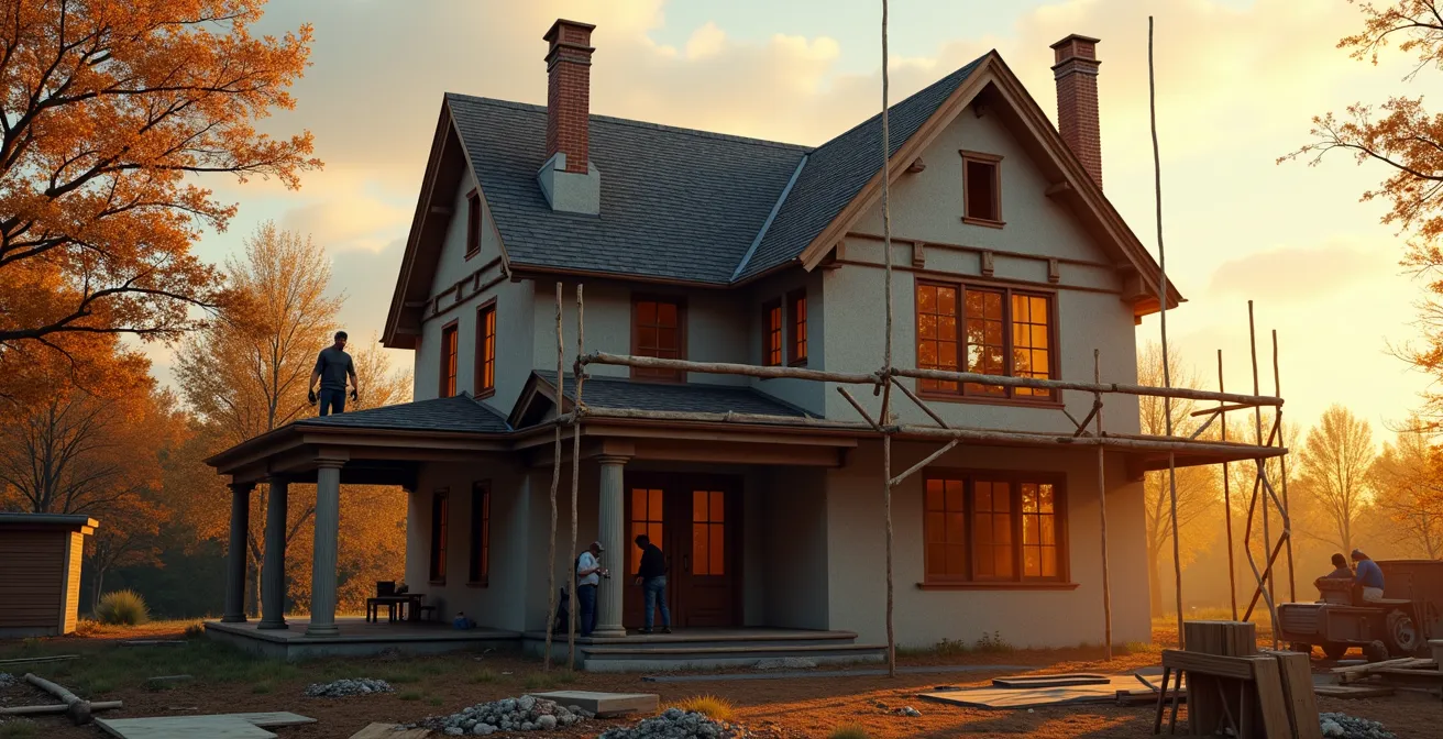 Vue d'une maison québécoise en pleine rénovation majeure avec échafaudage, ouvriers et outils de chantier