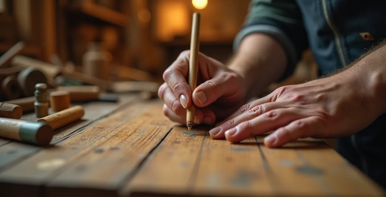 Scène montrant un artisan en train de réparer une égratignure sur un meuble en bois avec des produits traditionnels adaptés au climat québécois