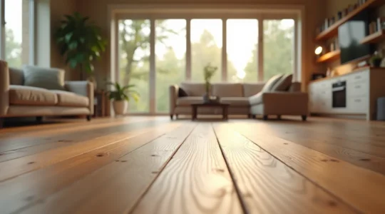 Vue panoramique d'une maison québécoise moderne avec différents types de revêtements de sol visibles à travers de grandes fenêtres, illustrant bois, vinyle et céramique dans un décor chaleureux et lumineux.