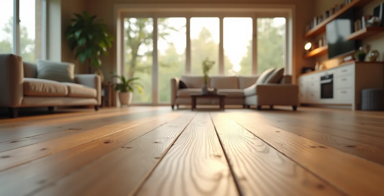 Vue panoramique d'une maison québécoise moderne avec différents types de revêtements de sol visibles à travers de grandes fenêtres, illustrant bois, vinyle et céramique dans un décor chaleureux et lumineux.
