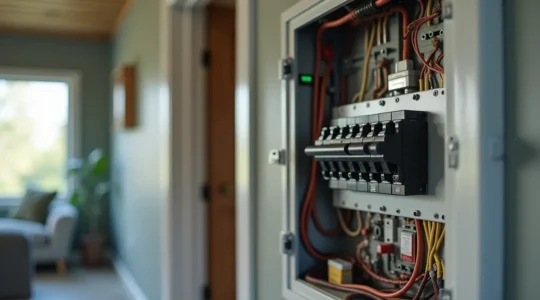 Vue symbolique d'un système électrique domestique moderne avec un panneau électrique, câblage et éléments de sécurité visibles dans une maison québécoise