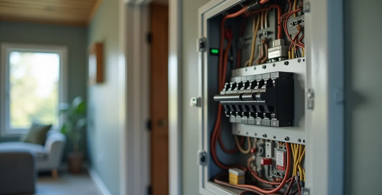 Vue symbolique d'un système électrique domestique moderne avec un panneau électrique, câblage et éléments de sécurité visibles dans une maison québécoise
