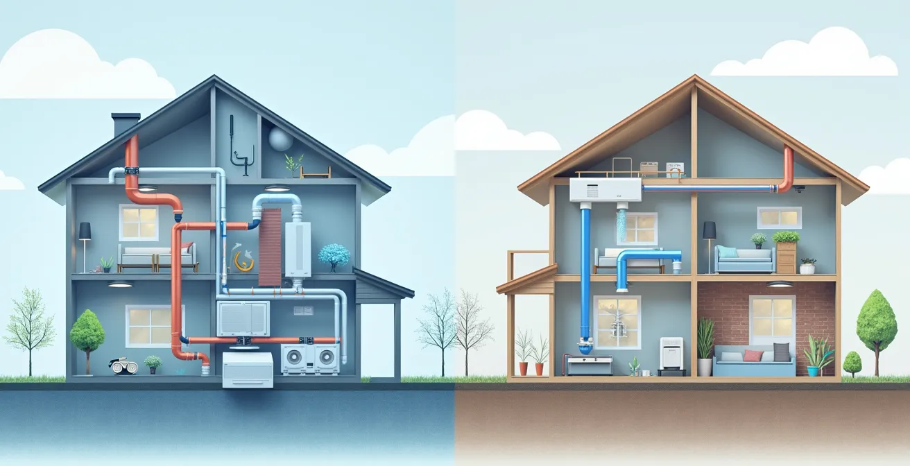 Illustration comparative de récupérateur de chaleur des eaux de drainage et d'un ventilateur récupérateur de chaleur dans une maison québécoise