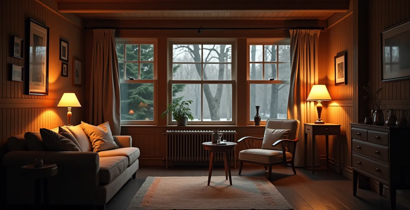 Schéma des trois couches d’éclairage avec exemples de luminaires et ambiance chaleureuse dans un intérieur québécois hivernal