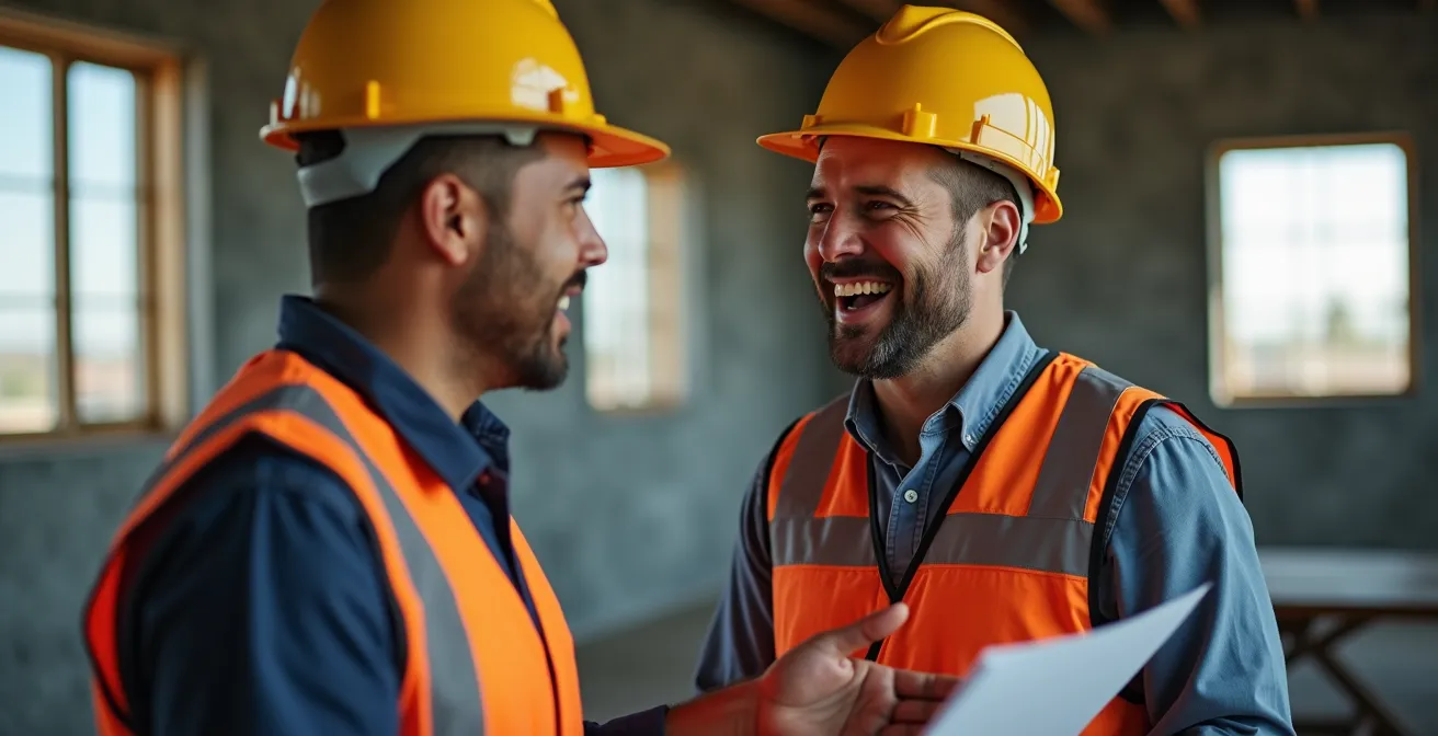 Portrait rapproché d'un artisan québécois expliquant des détails techniques à un client sur un chantier