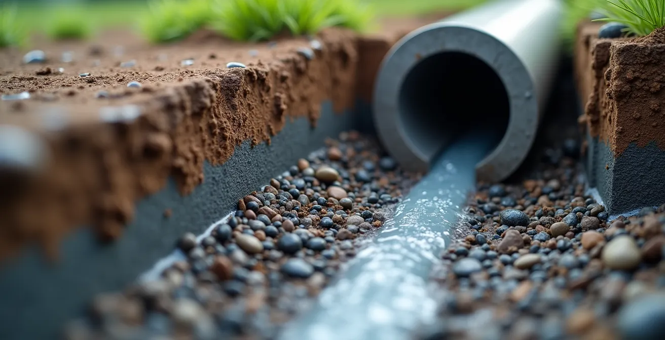 Système de drainage autour d'une fondation de maison québécoise montrant les gouttières, le drain français et les pentes de terrain