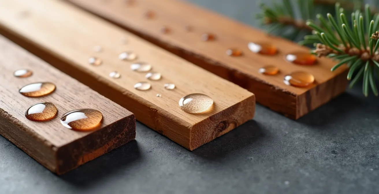 Vue comparative de trois échantillons de bois québécois avec traitement hydrofuge