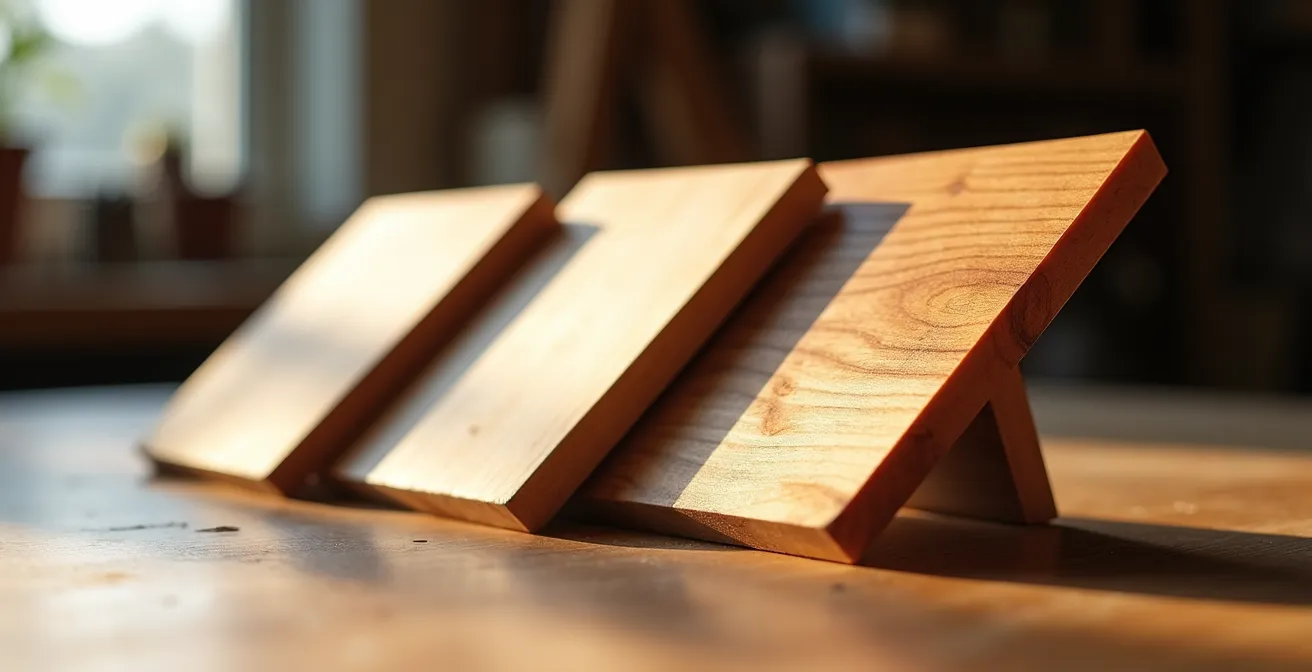 Trois échantillons de bois d'érable montrant les différences entre finis mat, satiné et brillant sous lumière naturelle